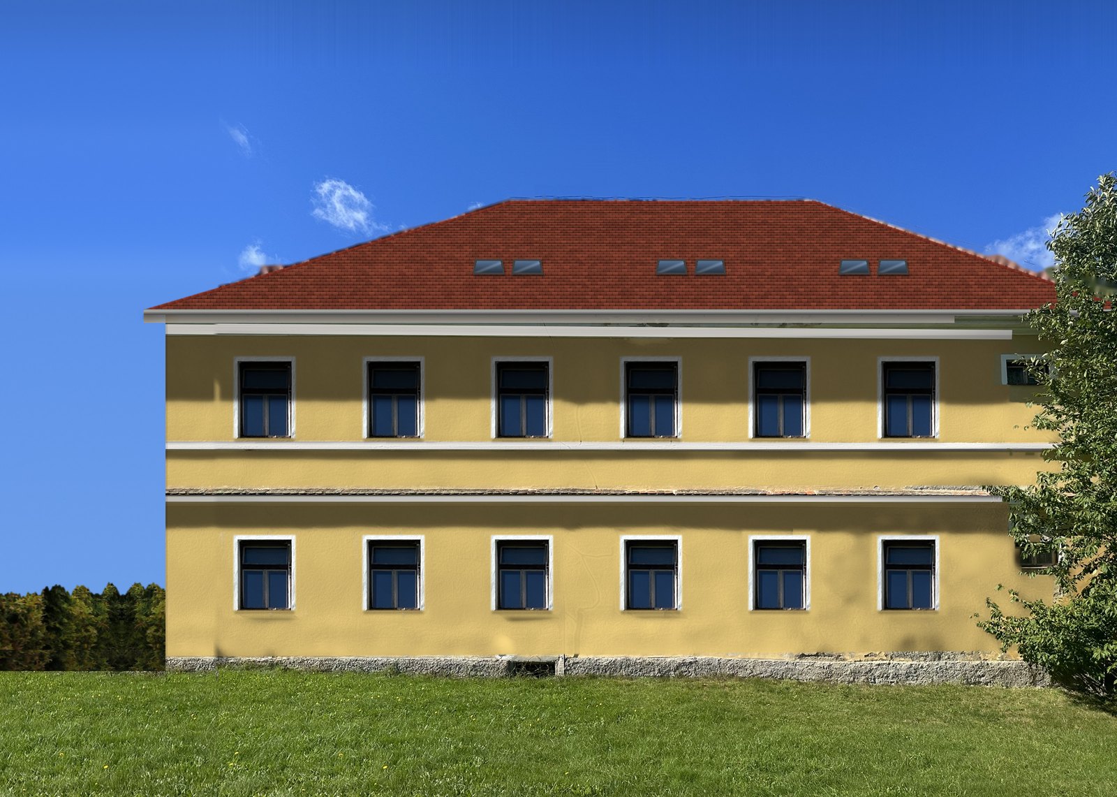 Čelní pohled na zrekonstruovanou školu se střešními okny podkroví