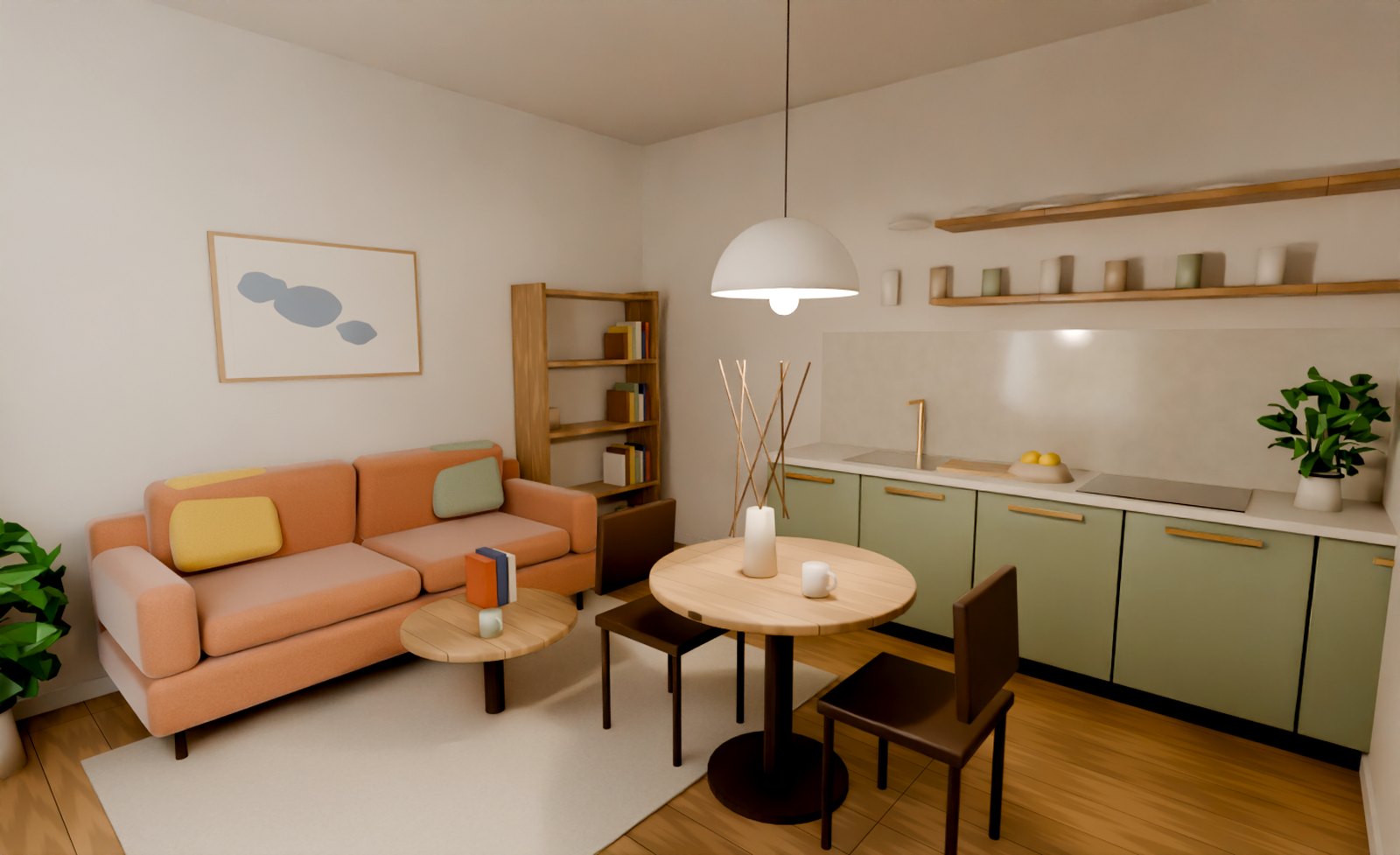 Apartmán 1+kk s kuchyňskou linkou, jídelním stolem a pohovkou